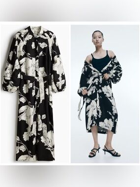 H&M Linen Blend Tie-Belt Dress New Floral